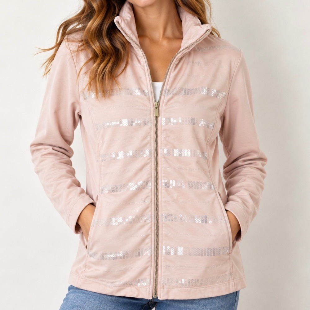 ZENERGY BY CHICO'S |‎ Blush Pink Clear Sequin Zip Up Track Jacket | Size 2 Large